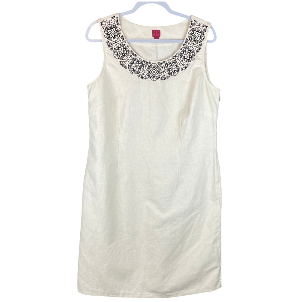 212 Collection Womens Cream Linen Blend Embroidered Neck Shift Dress Size 14‎